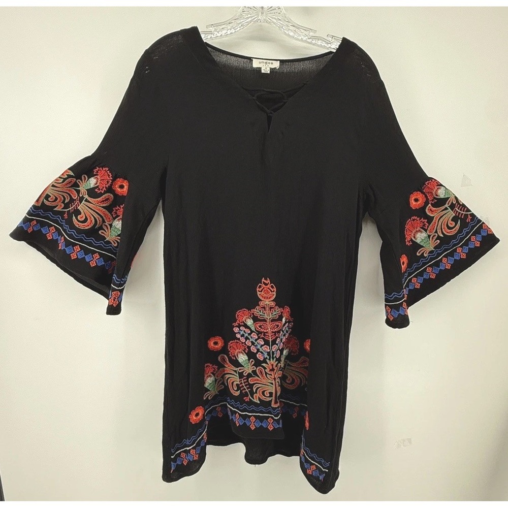 Umgee Dress Womens M Black Boho Floral Abstract Embroidered Crinkle Bell Sleeves